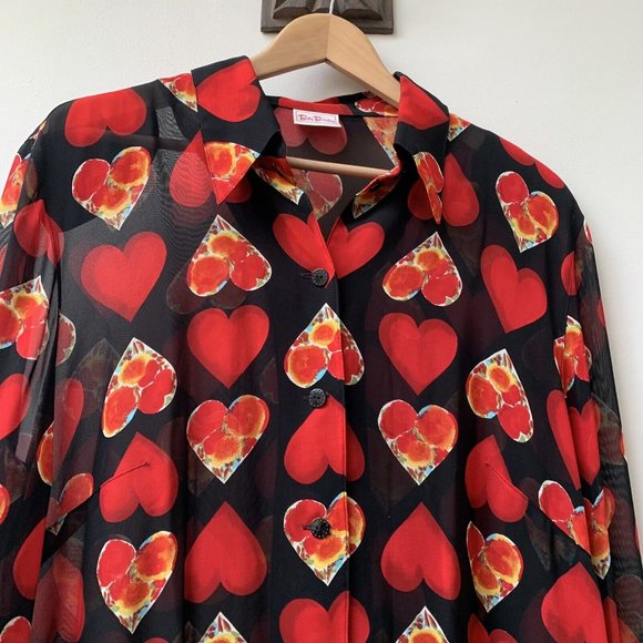 Vintage Sheer Betty Barclay Blouse Shirt Fit UK 14 Heart Pattern Black Red *Mend - Picture 9 of 11